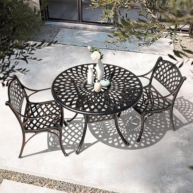 NUU GARDEN 42 Inch Outdoor Round Dining Table Cast Aluminum Tabletop with 2.24 Inch Umbrella Hole Patio Garden Backyard Balcony, Black with Gold-Painted Edges