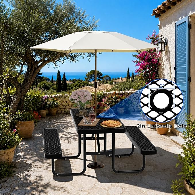 4FT Rectangular Steel Outdoor Picnic Table, Commercial Picnic Table Bench Set with Umbrella Hole, Weather-Resistant Heavy Duty School Dining Table for Stores, Park, Patio, Garden, Backyard, Black