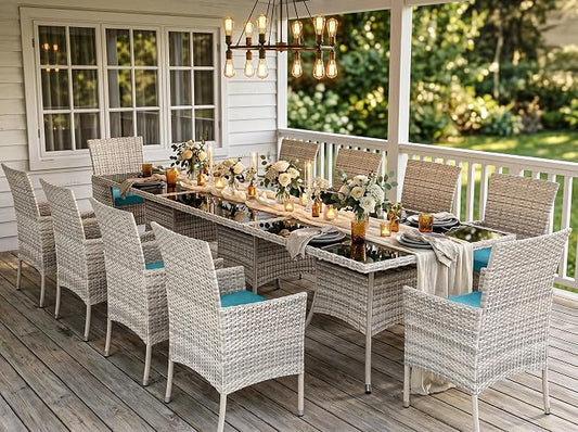 Outdoor Dining Set, 15-Piece Patio Furniture Set with Tempered Glass Table and 12 Cushioned Chairs, Dual-Strand Wicker Rattan, Balcony Furniture for Backyard, Garden, Deck,– Turquoise
