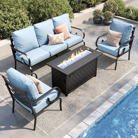 PHI VILLA Patio Furniture Set, 3-Seater Sofa, 2 Fixed Chairs and a 45" Fire Pit Table, Outdoor Metal Conversation Set with 5.75" Extra Thick Cushion for Garden Backyard Deck, Blue