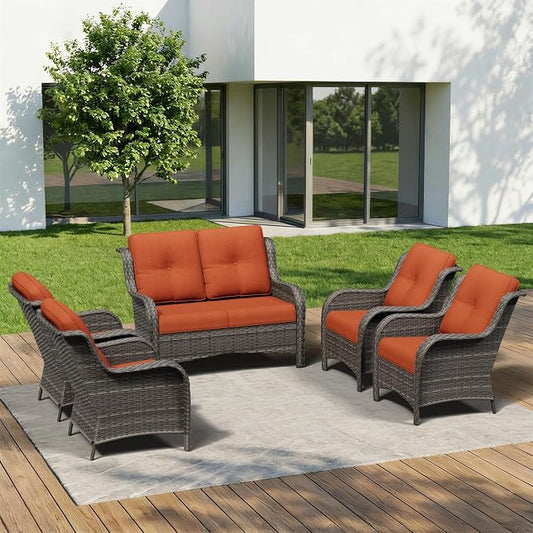 5 Piece Outdoor Wicker Patio Furniture Set, Patio Chairs Set with Thickened Olefin Cushions, High Back and Deep Seating, Hand-Woven PE Rattan for Porch, Deck