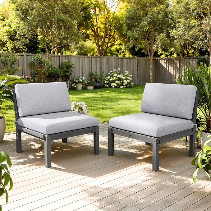 Outdoor Patio Chairs Set of 2, HIPS Modular Sectional Seatings & Thick Cushions– Side Interlock Easy to Connect, Weatherproof Patio Furniture Set for Backyard, Deck, Poolside (Grey)