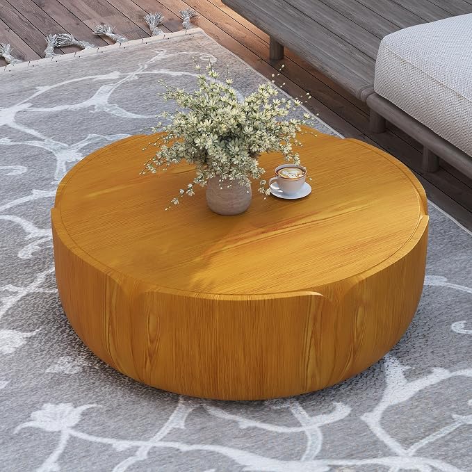 36" Round Outdoor Coffee Table Natural Waterproof Sturdy MGO Wood Texture Grain Drum Center Table for Patio Garden Backyard Living Room, No-Assembly