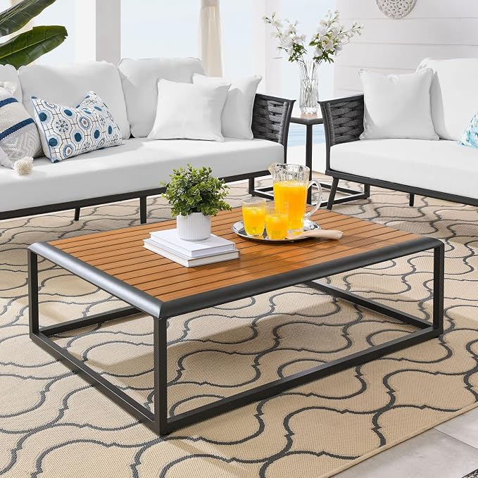 Modway Stance Outdoor Patio Contemporary Modern Wood Grain Aluminum Coffee Table in Gray Natural