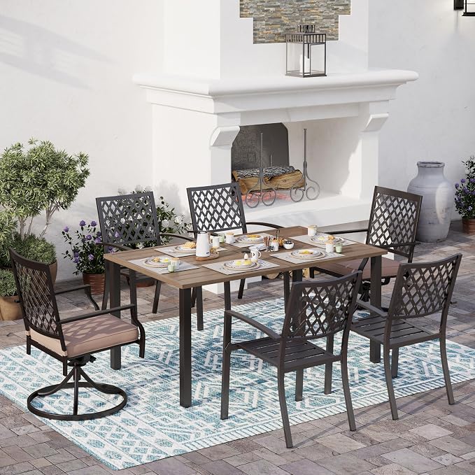 SUNSHINE VALLEY Patio Dining Set,Wood-Like Metal Table w/Umbrella Hole | 60x36 Metal Table&6 Pcs Rust-Proof Stackable Chairs, Outdoor Table and Chairs Set for Backyard Garden Deck