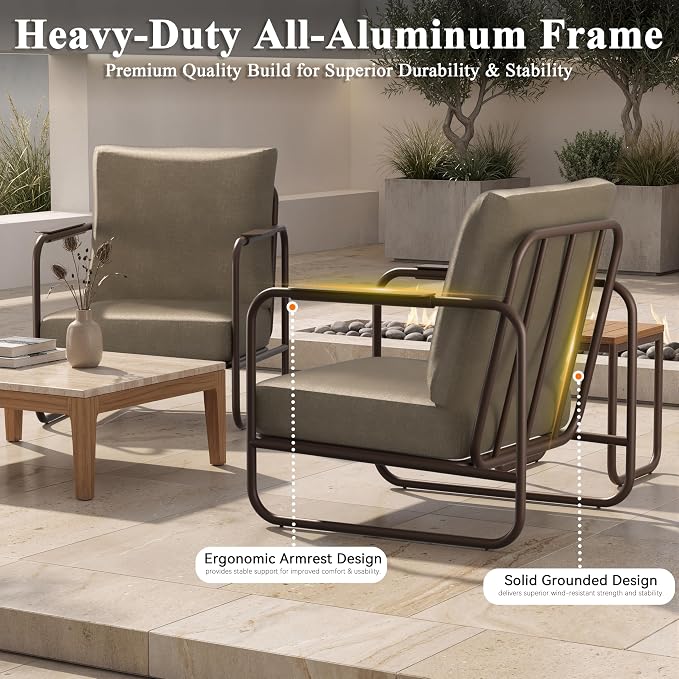 3 Pieces Aluminum Outdoor Patio Conversation Set, 6" Cushions & Coffee Table, All-Weather Rust-Resistant Frame for Porch Garden Backyard, Brown