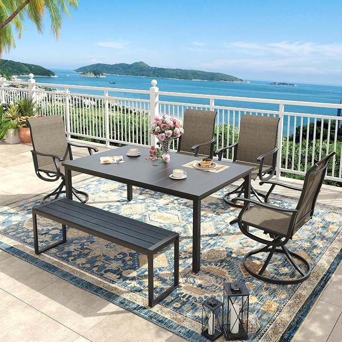 6 Pieces Outdoor Dining Set, Patio Table and Chairs Set with 53" Garden Bench for 6-7 People, 63" Outdoor Dining Table and Swivel Patio Chairs for Deck Backyard, Mixed Brown and Black