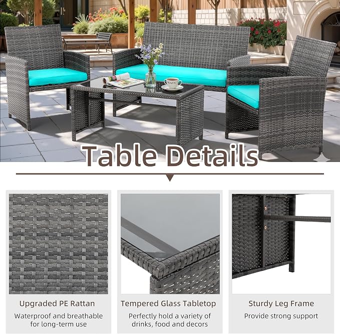 4 Piece Patio Ratten Set Outdoor Furniture Set Wicker Conversation Sets with Cushions and Tempered Glass Tabletop,Blue