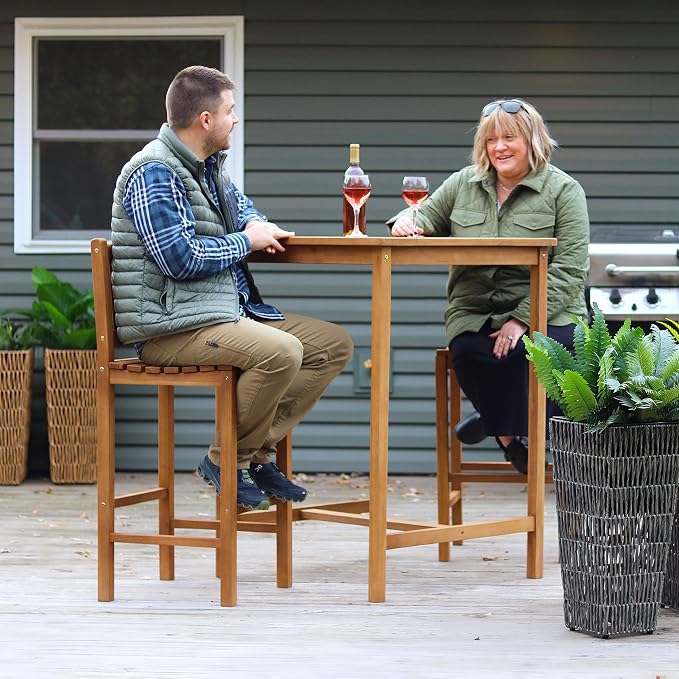 Sunnydaze 3-Piece Teak Wood Bar-Height Patio Table Set - Outdoor Bar Table and Chairs - for Balcony, Home Bar, or Deck
