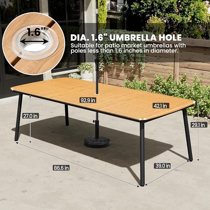93" Outdoor Dining Table for 10 Brown Patio Dining Table with Umbrella Hole Rectangle Dining Table with Aluminum Frame and Waterproof Wood Grain Tabletop for Lawn Backyard Garden Poolside