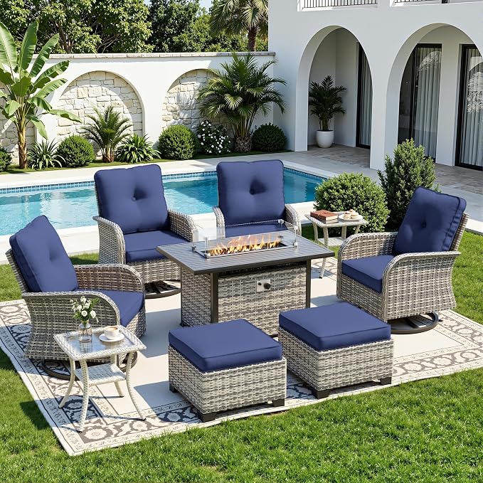 9-Piece Small Patio Furniture Set, Outdoor Swivel Rocking Chairs Set with 55,000 BTU Fire Pit Table Wicker Chairs and Ottomans, Patio Bistro Set for Balcony, Deck, Porch, Navy Blue