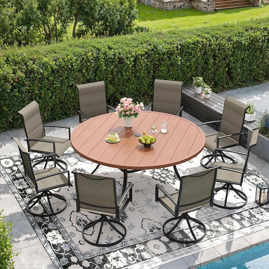 DIFY 9 Piece Outdoor Patio Dining Set for 8, 60" Walnut Round Metal Dining Table and Swivel Patio Chairs with Brown Padded Textilene, All-Weather Outdoor Furniture Set for Garden Backyard Porch
