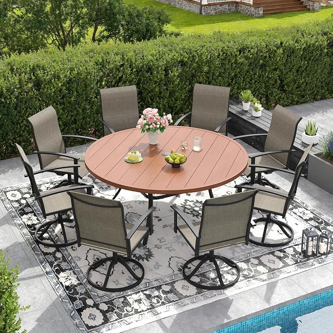 DIFY 60" Round Outdoor Patio Dining Table for 8-10, Metal Patio Table with 1.57" Adjustable Umbrella Hole, All-Weather Dining Furniture Table for Backyard Lawn Garden, Walnut