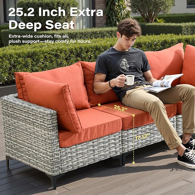 6 Pieces Patio Furniture Set with 42" Fire Pit, All-Weather Rattan Outdoor Sectional Conversation Sets L Shaped Sofas with Solar Light Coffee Table for Porch Balcony,Coarse Stripes Red