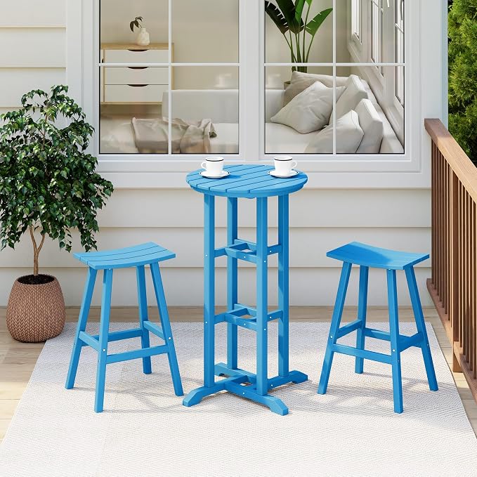 Costaelm Outdoor Bar Table, 42" Counter Height Round Patio Cocktail Bar Table, Patio Bar Table 3-Pieces Set Bistro Dining Table Pub Table for Deck, Backyard, Garden, Pacific Blue