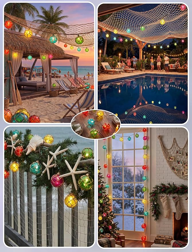 8.5 Ft 10L Multicolor Nautical Fishing Float String Lights Set of Fish Net | Waterproof，Plug in Beach Themed Buoy Lights for Indoor Party, Tiki Bar, Home, Camping Outdoor Patio Decorations
