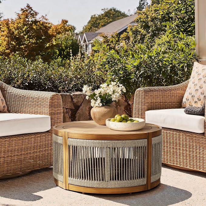 LuxenHome Outdoor Coffee Table, 31'' Acacia Wood Rope Drum Round Sides Patio Tables, Modern Farmhouse Garden Coffee Table, Outdoor Furniture for Porch, Balcony, Outside Furniture