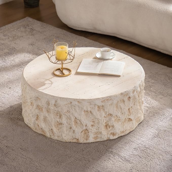 Round Coffee Table for Living Room Outdoor Faux Stone Coffee Table Amber Travertine Concrete Pattern, 31.49" Modern Faux Marble Center Tables Tea Tables, No Need Assemble, Beige