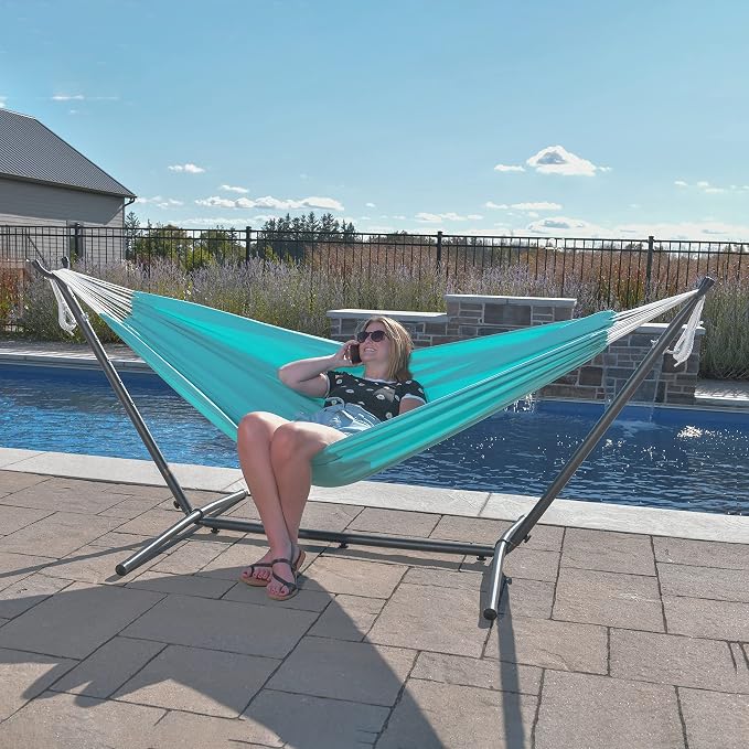 Vivere Double Hammock and Stand Combo – Durable, Comfortable, 450 lb Capacity, Heavy Duty Steel Stand, Tool-Free Assembly, Includes Carry Bag (Aruba)