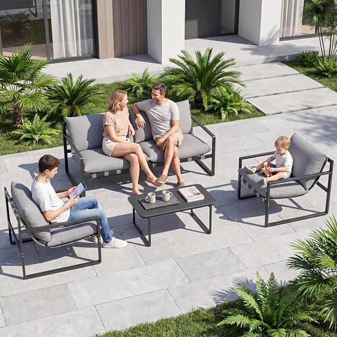 Grand patio 4 Piece Outdoor Furniture Set, Patio Sofa with Cushion, Metal Couch with Coffee Table, 4-Seat Conversation Set for Porch Deck Balcony Backyard, Grey