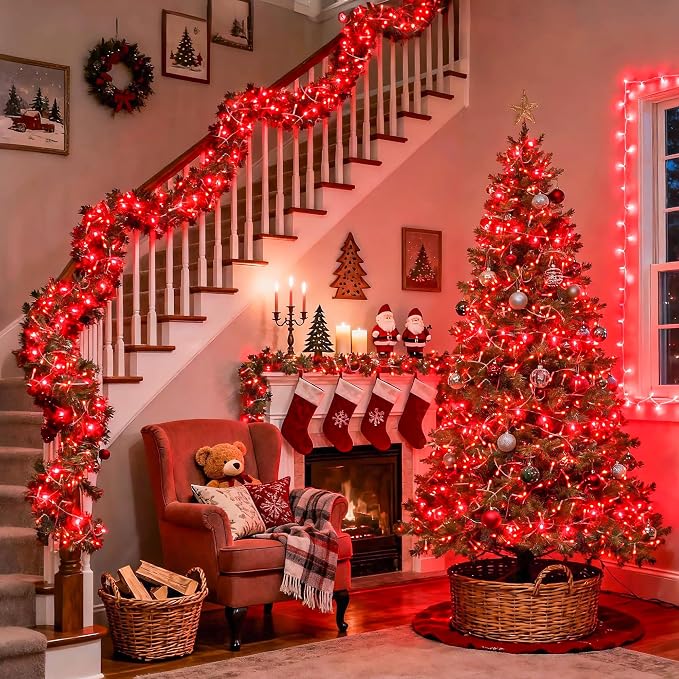 JMEXSUSS Red Christmas Lights Outdoor, 600 LED String Lights Indoor Plug in | 168Ft Red Halloween Lights Clear Wire with Remote for Bedroom Room Party Christmas Patio Living Room Halloween Decor