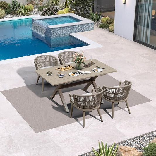 PURPLE LEAF 5 Pieces Outdoor Dining Set All Weather Wicker Patio Dining Set with Rectangular Aluminum Table and Modern Armrest Dining Chairs for Garden Deck Backyard Kitchen, Champagne