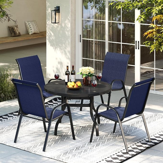 Amopatio 5 Pieces Patio Dining Set for 4, Outdoor Table and Chairs, 4 All Weather Stackable Patio Chairs, 39" Patio Spliced Round Table with Umbrella Hole, for Deck, Backyard, Garden, Blue