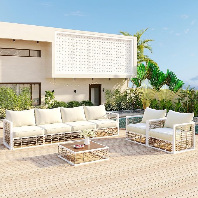 7-Piece Metal Patio Sectional Sofa Set, Free Combination Sofa Set with Coffee Table, All-Weather Garden Conversational Furniture Set with Thick Cushions and 8 Pillows (White Frame+Ivor Cushion)