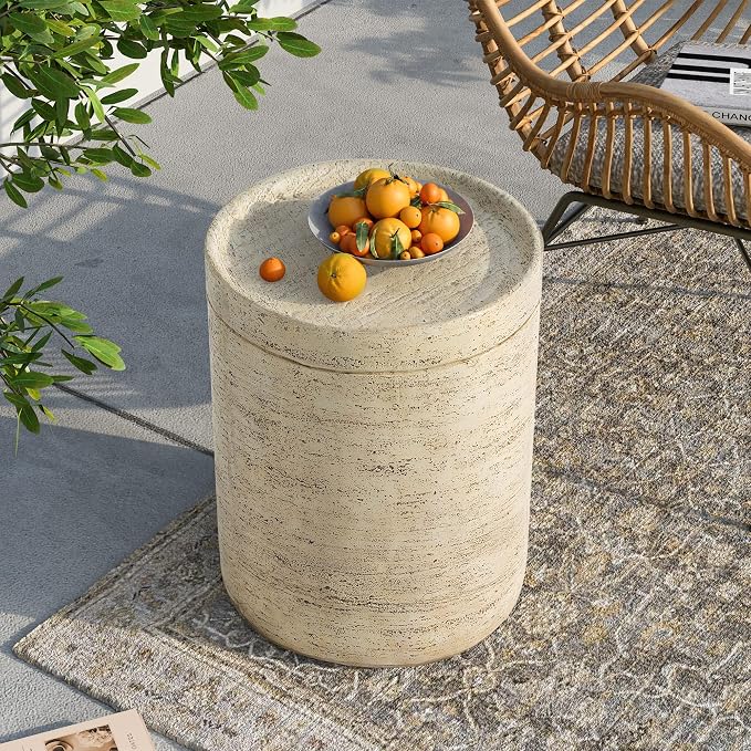 SUNBURY Outdoor Side Tables for Patio, Small Concrete Accent End Table, Stone Round Modern Coffee Furniture, Milky Cement Side Table