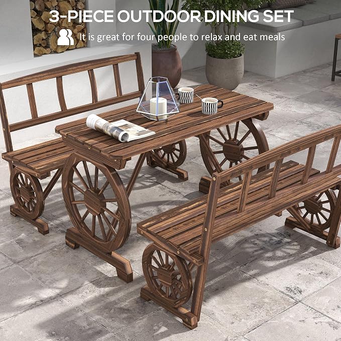 3-Piece Carbonized Pine Patio Dining Set: Wagon Wheel Table & 2 Benches (45.25" L), Rustic Outdoor Furniture for 4-Person, Rain-Ready Slatted Design