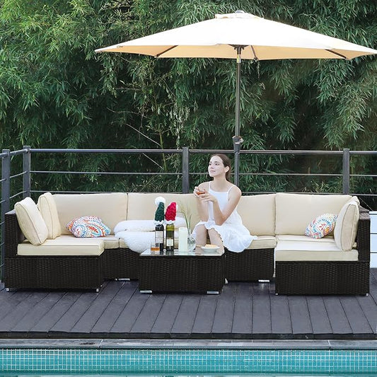 7-Piece Patio Furniture Set - Outdoor Sectional Sofa Set with Cushions and Glass-Top Coffee Table for Gardens, Poolside, Backyards and Porches, Beige/Black