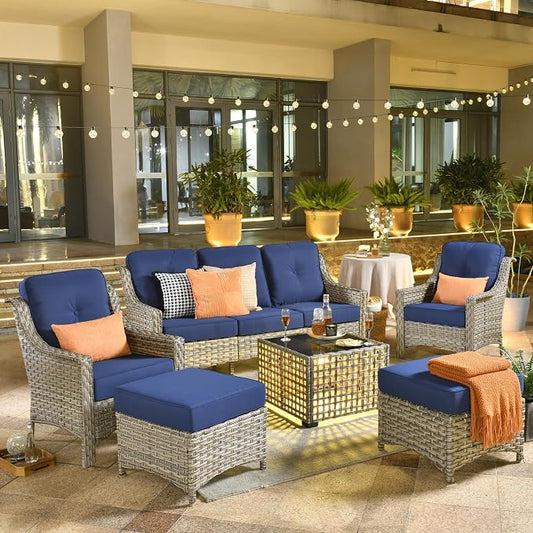 ovios 6 Piece Outdoor Patio Furniture with 3 Seat Sofa,Rattan Wicker Coversation Set with High Back,Sectional Single Sofa with Ottoman for Outside Porch Balcony Backyard Pool, Navy Blue