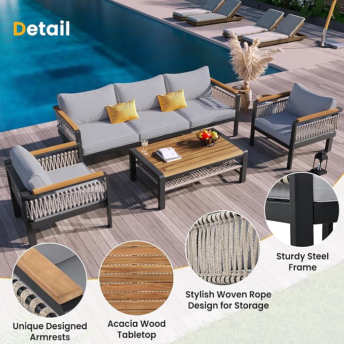 4 Pieces Outdoor Sectional Sofa Set 5-Person Patio Seating Group Outdoor Conversation Set with Cushions and a Coffee Table for Patios, Gardens,or Balcony (Grey#30)
