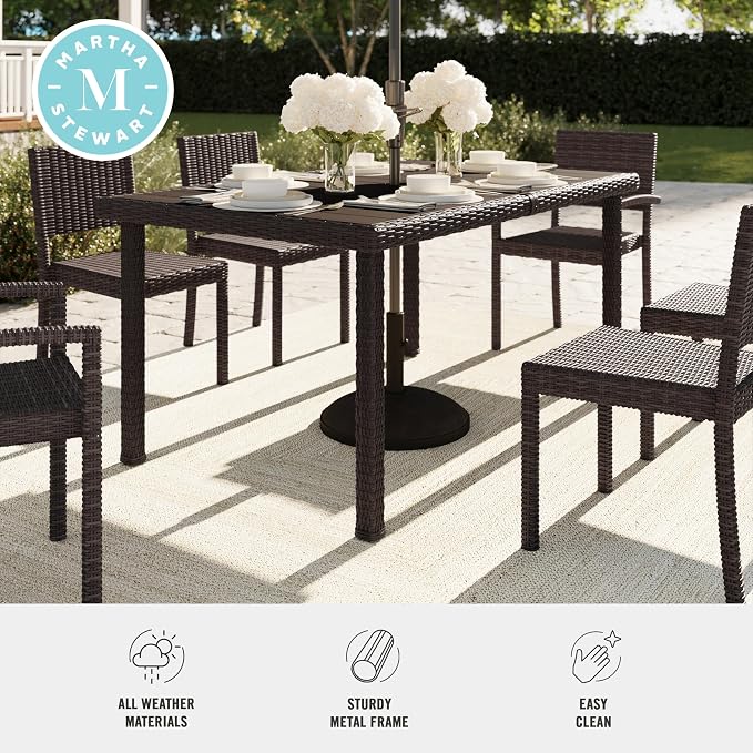 Martha Stewart Bedford 62" Indoor-Outdoor Patio Table with Faux Wood Top and Rattan Wicker Finish in Brown