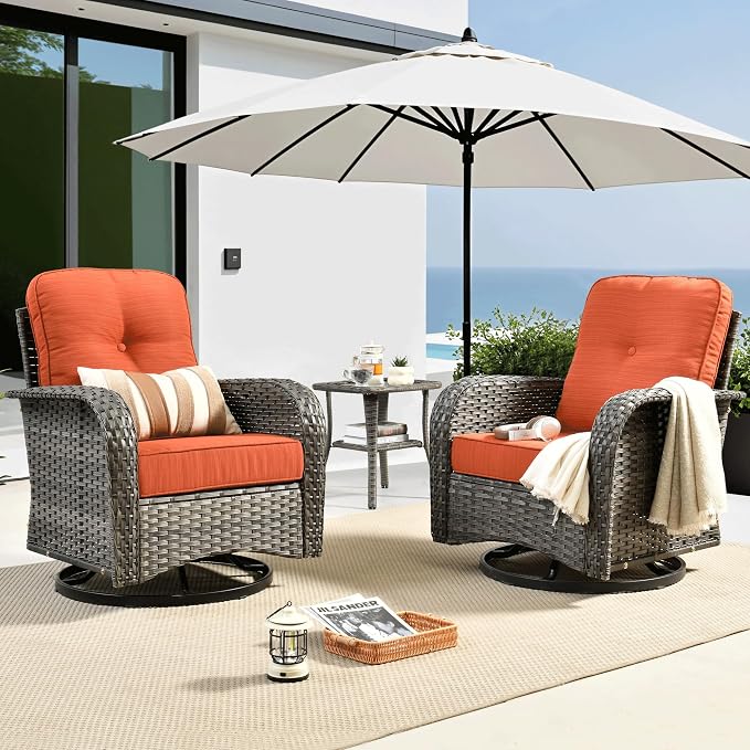ovios 3-Piece Patio Furniture Set, Outdoor Wicker Sofa with Swivel Chairs, High Back Rattan Gliders Rocker with Comfy Cushions for Porch Yard Deck, Orange Red