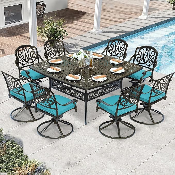 9 Piece Outdoor Patio Dining Set for 8, Cast Aluminium Large Square Dining Table & 8 Swivel Rocker Chairs with Removable Cushions, Umbrella Hole, Patio Furniture Set for Garden, Ocean Blue