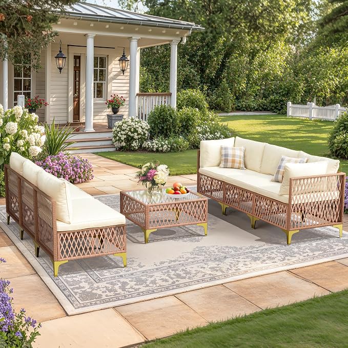 Pamapic 7-Piece Wicker Outdoor Furniture Set, Boho Sectional Sofa Patio Conversation Set with Washable Cushions & Glass Coffee Table, All-Weather Patio Furniture Set for Backyard, Porch, Cream