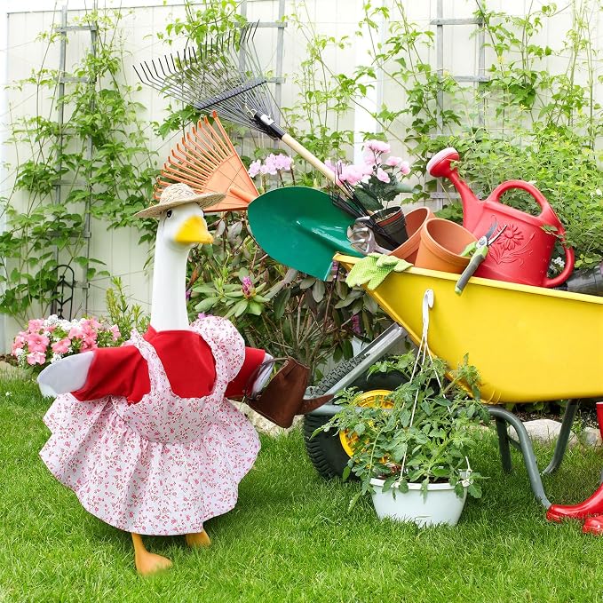 Gardener Porch Goose Outfit for 23 Inch Cement Plastic Statue, Spring Summer Goose Clothes Costume with Hat and Garden Accessories for Outdoor Yard Lawn Patio Decor