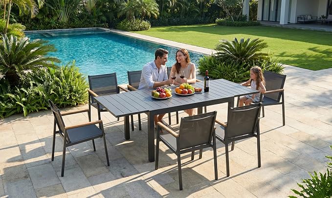 Outdoor Aluminum Patio Dining Table Set for 6 Person, Expandable Outdoor Table and 6 Chairs with Textilene Fabric & HDPS Armrest, All-Weather Patio Furniture Set for Yard, Garden, Gray