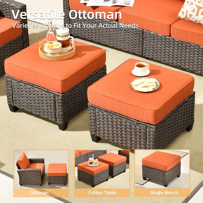 CAODOC 7 Pieces Rattan Patio Furniture Set, 4 x Single Chair, 2 x Ottoman and 3-Seat Sofa with Cushions, 9 Seats Outdoor Wicker Sectional Conversation Set for Garden, Poolside, Backyard