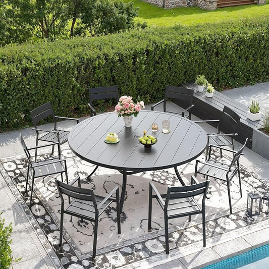 DIFY 9 Piece Outdoor Patio Dining Set for 8, Patio Table and Chairs Set with Umbrella Hole, 53" Round Dining Table and Stackable Metal Chairs for Backyard Garden Poolside, Black