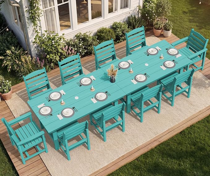 SERWALL HDPE Outdoor Dining Set for 10 with 2 Tables & 10 Chairs, Aruba | 12-Piece HDPE Outdoor Dining Set for 10, All-Weather Resistant Dining Furniture