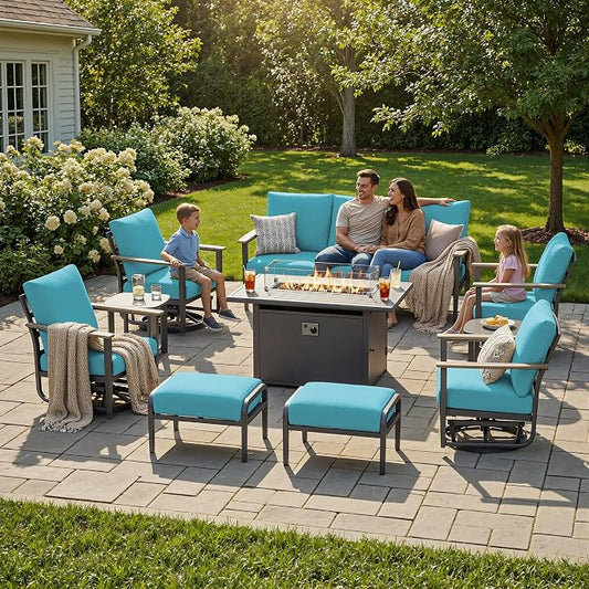 Aluminum Outdoor Patio Furniture Set with Swivel Rocking Chairs 9-Seat, Patio Sectional Sofa with Ottomans Patio Conversation Set with 55,000 BTU Fire Pit Table & High Backrest, Turquoise