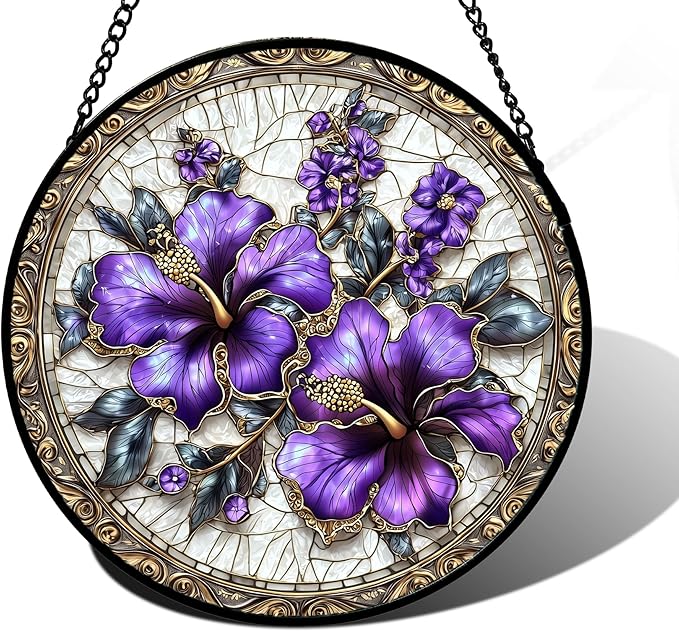 DASTOLL Stained Glass Window Hanging, Purple Flowers Romantic Suncatcher for Doors Home Sun Catchers Decoration and Christmas, Mother's Day Birthday Gifts for Women, Men, and Mom 9.8 in