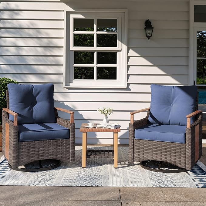NestNook 3 Pieces Patio Furniture Set, Outdoor Bistro Set, 2 Swivel Glider Chairs with Modern Side Table, All-Weather Handwoven PE Wicker Seating and Thick Cushion for Balcony, Bistro & Porch, Blue