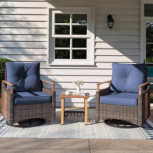 NestNook 3 Pieces Patio Furniture Set, Outdoor Bistro Set, 2 Swivel Glider Chairs with Modern Side Table, All-Weather Handwoven PE Wicker Seating and Thick Cushion for Balcony, Bistro & Porch, Blue
