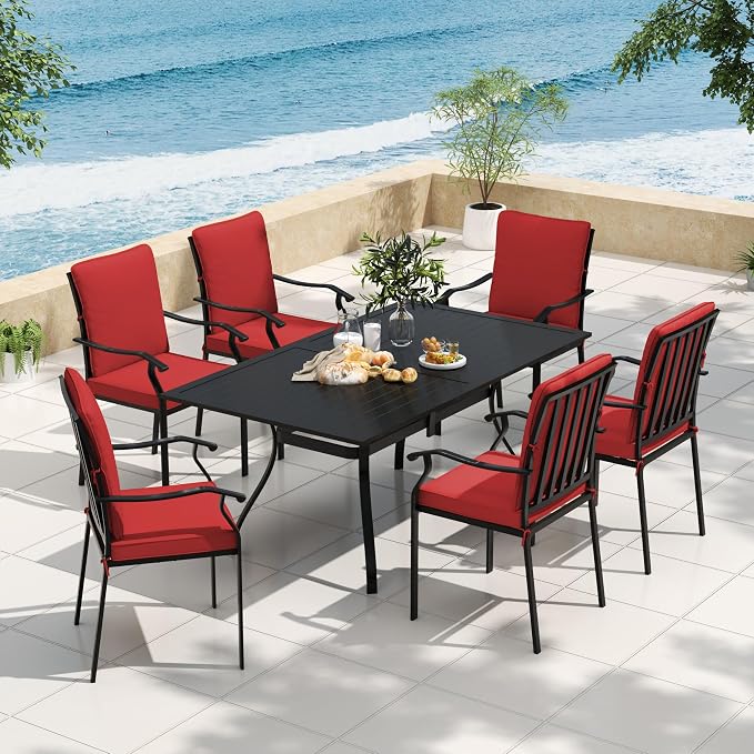 7 Piece Outdoor Patio Dining Set, 62’’ Rectangular Metal Dining Table with Umbrella Hole & 6pcs Outdoor Metal Dining Chairs, Outdoor Furniture Dining Set for Patio, Balcony, Lawn, Garden, Backyard