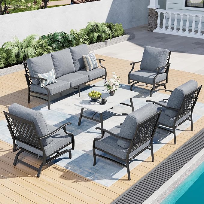 SUNSHINE VALLEY 6 Piece Metal Outdoor Patio Furniture Set, Patio Conversation Set 1 3-Seater Sofa, 2 Rocking Chair, 2 Leg Chair with 5.75" Thick Cushion and Coffee Table, Backyard Furniture Set, Gray
