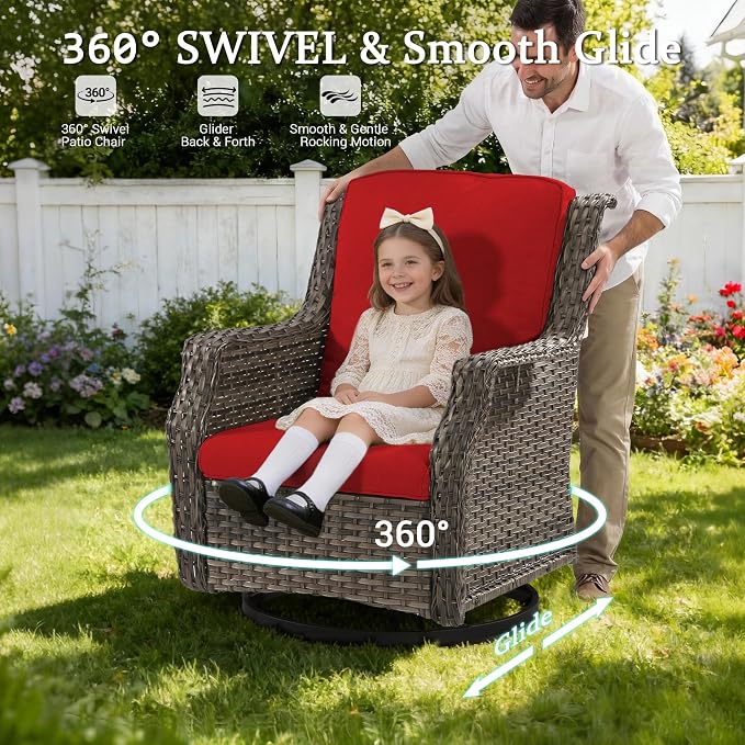Outdoor Wicker Chairs Set of 2, Patio Swivel Rattan Chair with Wide Armrest and Thick Cushions, Ideal for Backyard, Garden, Poolside, Red