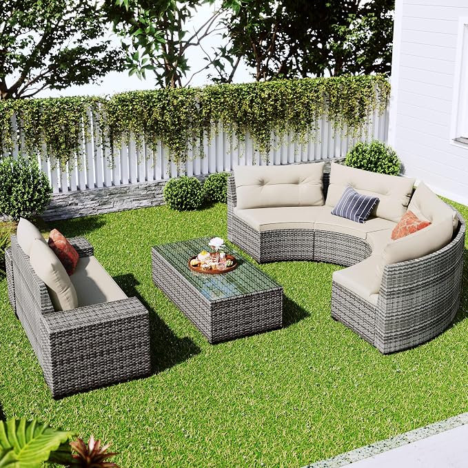 LUMISOL 8 Piece Half Moon Curved Wicker Patio Furniture Set, All Weather Outdoor Conversation Sofa Set with Coffee Side Tables, Garden Backyard Porch Decor, Beige